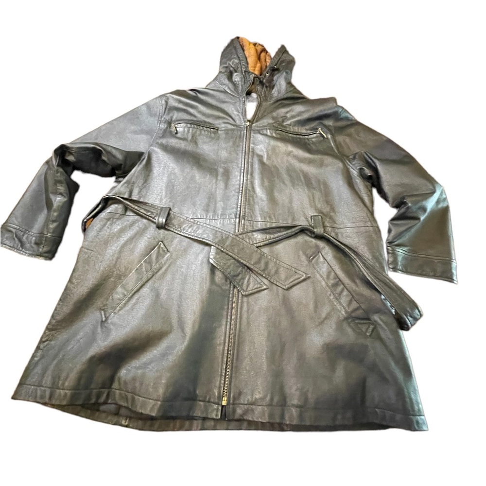 G III Leather Vintage Hooded, Belted Coat - plus Sz 18/20